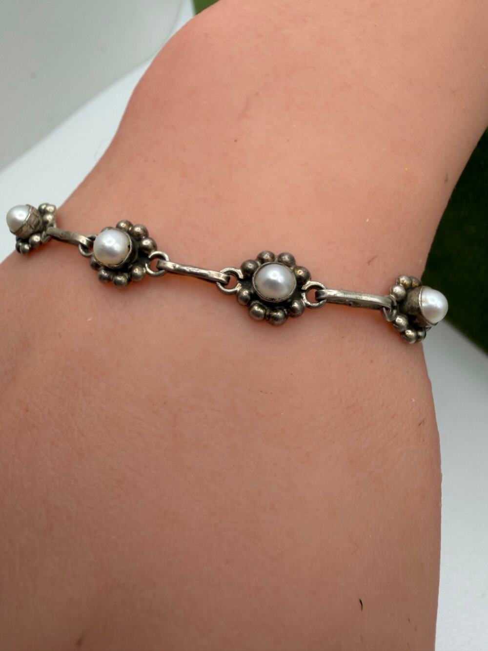 Sterling Silver Freshwater Button Pearl Halo Dots Bracelet Vintage